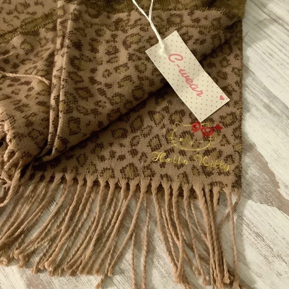 Sanrio Smiles Hello‎ Kitty Brown Leopard Cheetah Scarf Wrap w/ Fringe NWT Orig.